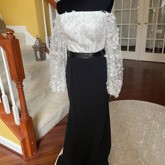 SIZE:8 ELIZA J BLACK&WHITE FLOATING PETALS LNG SLV GOWN W/LEAF APPLIQUE - Picture 1 of 3